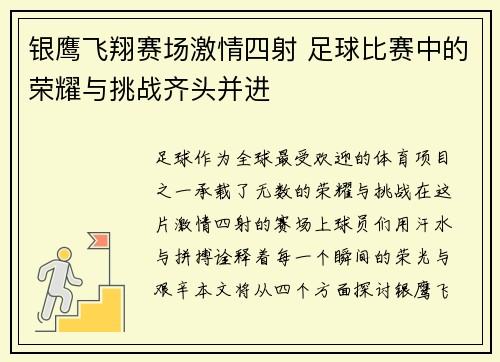 银鹰飞翔赛场激情四射 足球比赛中的荣耀与挑战齐头并进