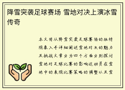 降雪突袭足球赛场 雪地对决上演冰雪传奇