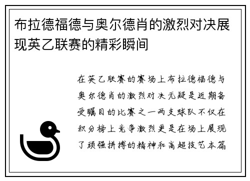 布拉德福德与奥尔德肖的激烈对决展现英乙联赛的精彩瞬间