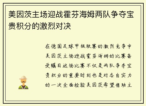 美因茨主场迎战霍芬海姆两队争夺宝贵积分的激烈对决