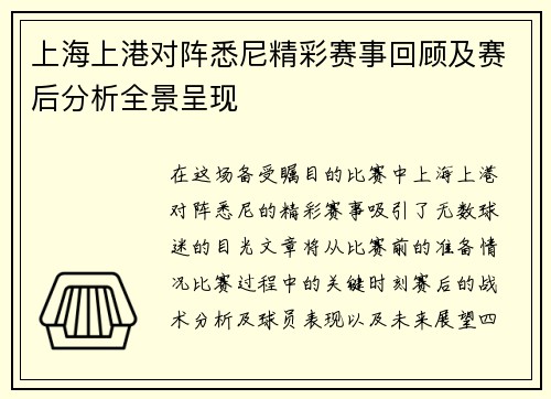 上海上港对阵悉尼精彩赛事回顾及赛后分析全景呈现