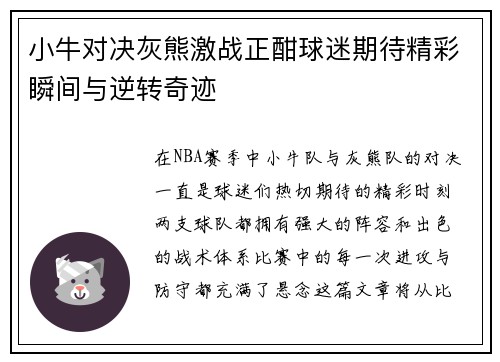 小牛对决灰熊激战正酣球迷期待精彩瞬间与逆转奇迹