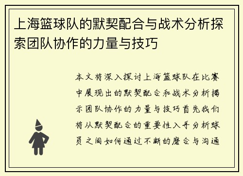上海篮球队的默契配合与战术分析探索团队协作的力量与技巧