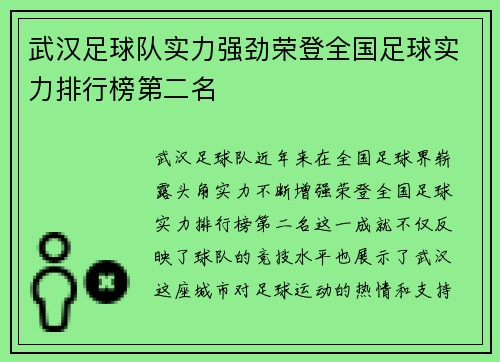 武汉足球队实力强劲荣登全国足球实力排行榜第二名