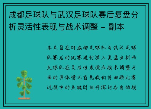 成都足球队与武汉足球队赛后复盘分析灵活性表现与战术调整 - 副本